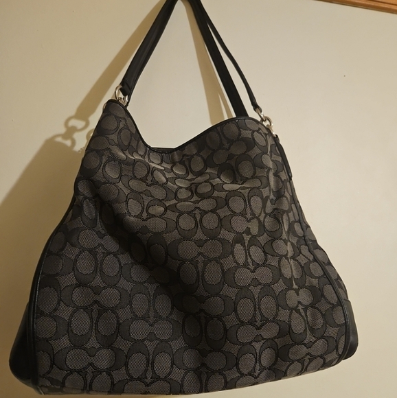 "Coach Phoebe Shoulder Bag F36424 Smoke Black Signature Canvas with Leather Trim - Picture 1 of 14